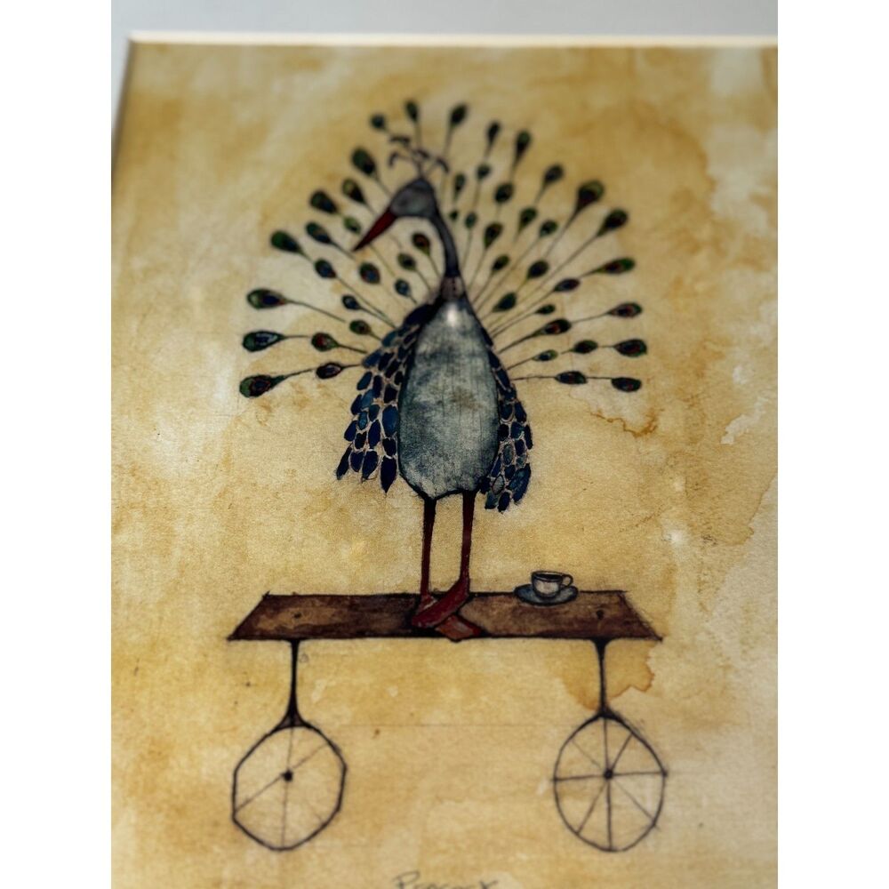 Original Lisa Hurwitz watercolor painting peacock with tea cup framed and signed - Picture 4 of 6